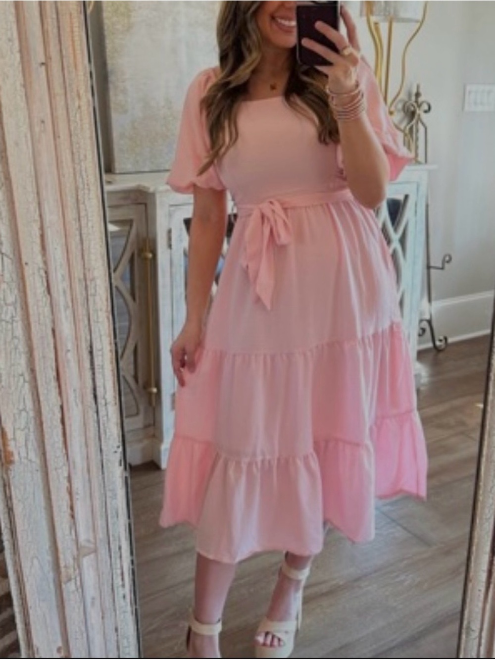Girls' Pink Tiered Midi Dress with Tie Waist